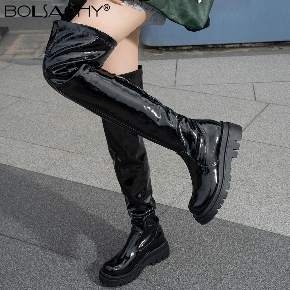 

Autumn Winter Platform Thigh High Boots Women Patent Leather Long Boots Woman Fashion Round Toe Flat Heel Over The Knee Boot