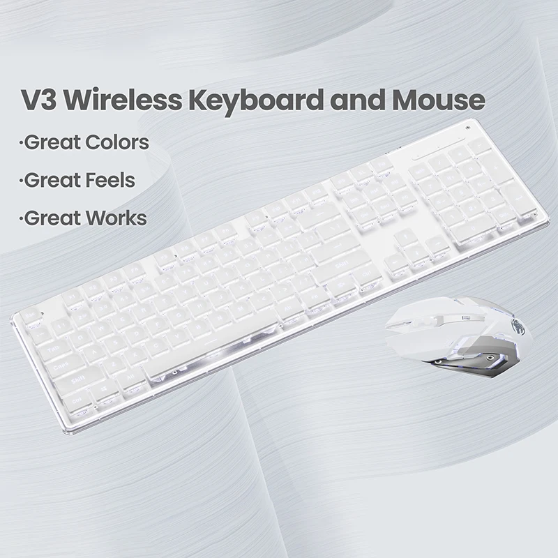 EWEADN V3 Conjunto de teclado e mouse silencioso sem fio com sensação mecânica, 104 teclas em tamanho real com teclas Pudding, para jogos e escritório