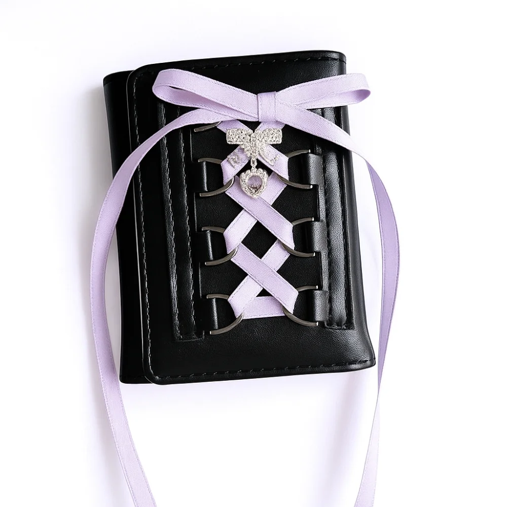 Korean Style Balletcore Three Fold Wallet Heart Crystal Silk Ribbon Bow Cash Purse Bag PU Leather Short