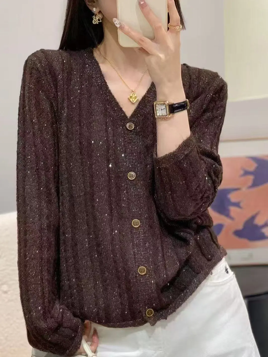 Fall Fashion Korean Style Sequin Slimming V-Neck Knitwear Jacket Women Loose Versatile Sweater Popular Open Cardigan Top