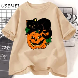 女性のための黒猫のカボチャのTシャツ,面白いハロウィーンのTシャツ,ヴィンテージの綿,半袖のTシャツ,女性のストリートウェア,秋