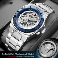 MEGIR Automatic Mechanical Watch for Men Fashion Business Wristwatch with Stainless Steel Strap Transparent Skeleton Dial