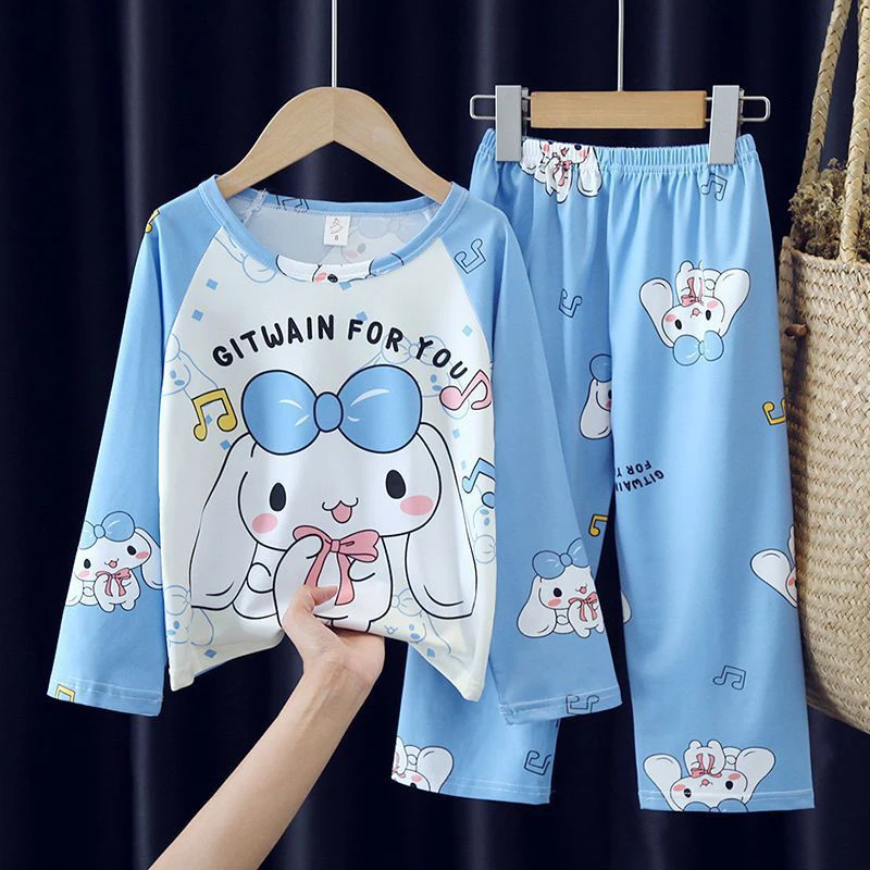 Sanrio Hello Kitty Child Pajamas Cinnamoroll Kuromi Kawaii Cartoon My Melody Spring Summer Home Thin Smooth Suit Sleepwear Gifts