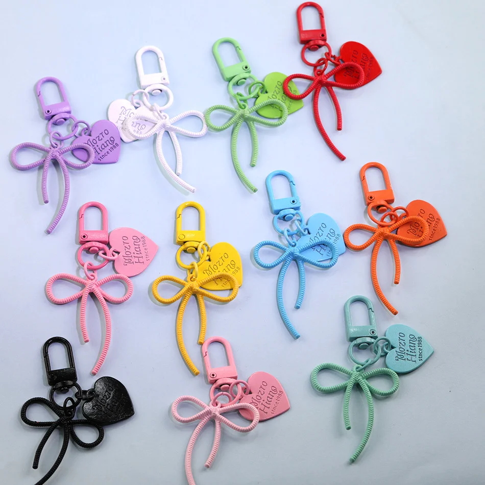 1/3/5 PCS Candy Color Rope Bow Heart Tag Keychain Minimalist Letter Metal Heart Pendant Carabiner Key Ring Sweet Aesthetic Gifts