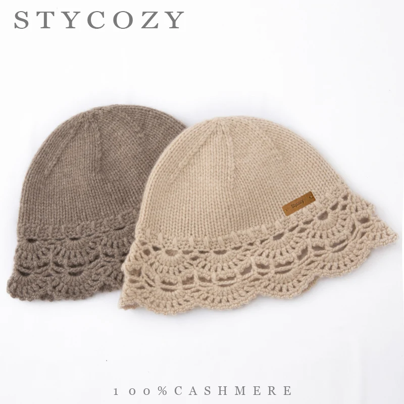 100% Cashmere Knitted Hat Women Scallop Edge Beanie Elegant Vintage Hollow Knit Bucket Cap Soft Warm Lady Hat Winter Daily Wear