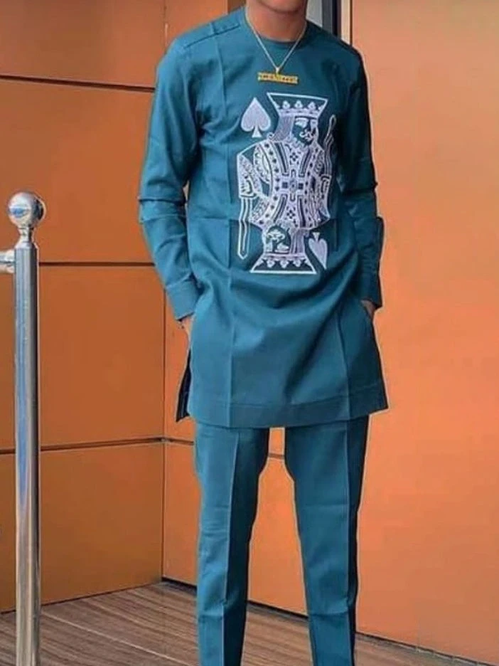 

Men's fashion casual blue printed long sleeve two-piece set