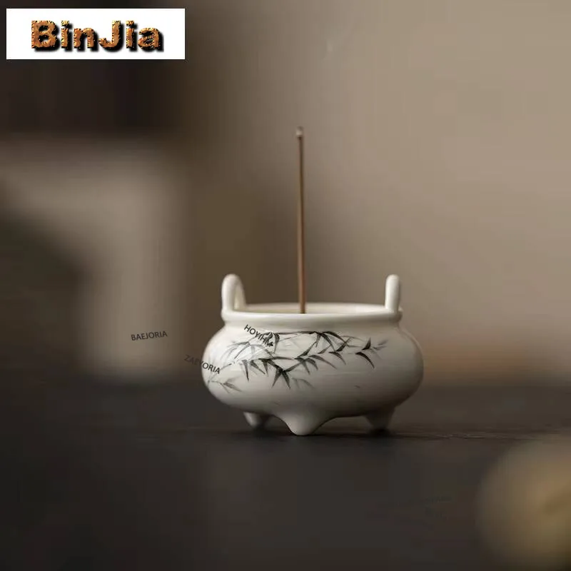 White Porcelain Ink Bamboo Three Legged Stove Incense Holder Diffuser Incense Burners Aromatherapy Censer Bedroom Craft Supplies