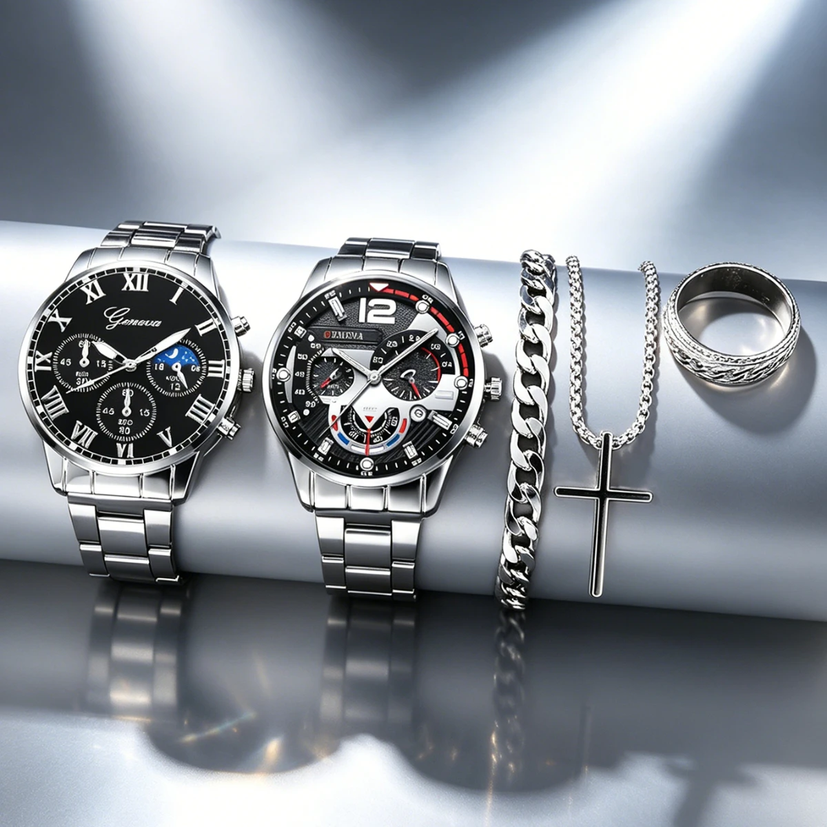 

5pcs-men's luxury quartz watch set+necklace+bracelet+ring suitable for business leisure worn in various occasions