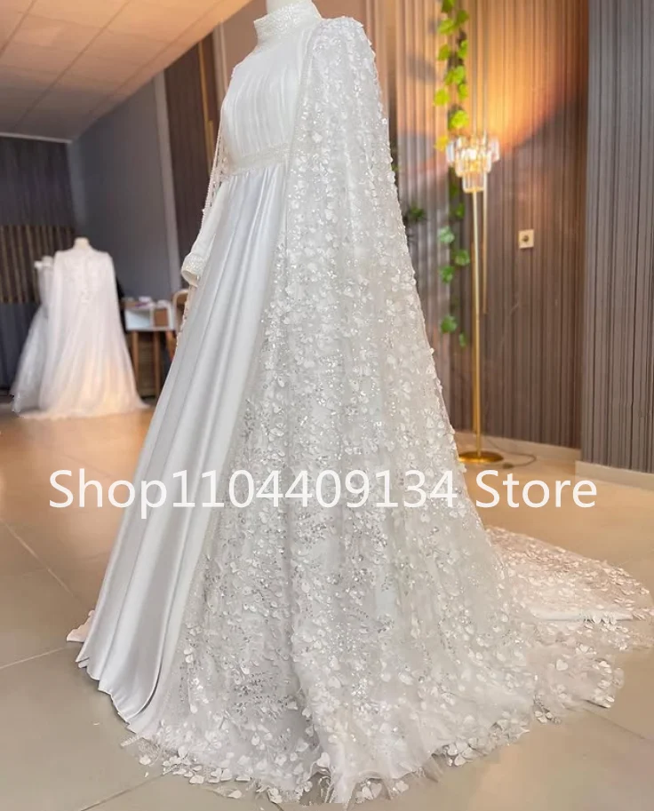 Sparkly Luxury Muslim Canftan Wedding Dresses with Cape Wrap Gillter High Neck Long Sleeve Kaftan Saudi Bridal Gown Customsized