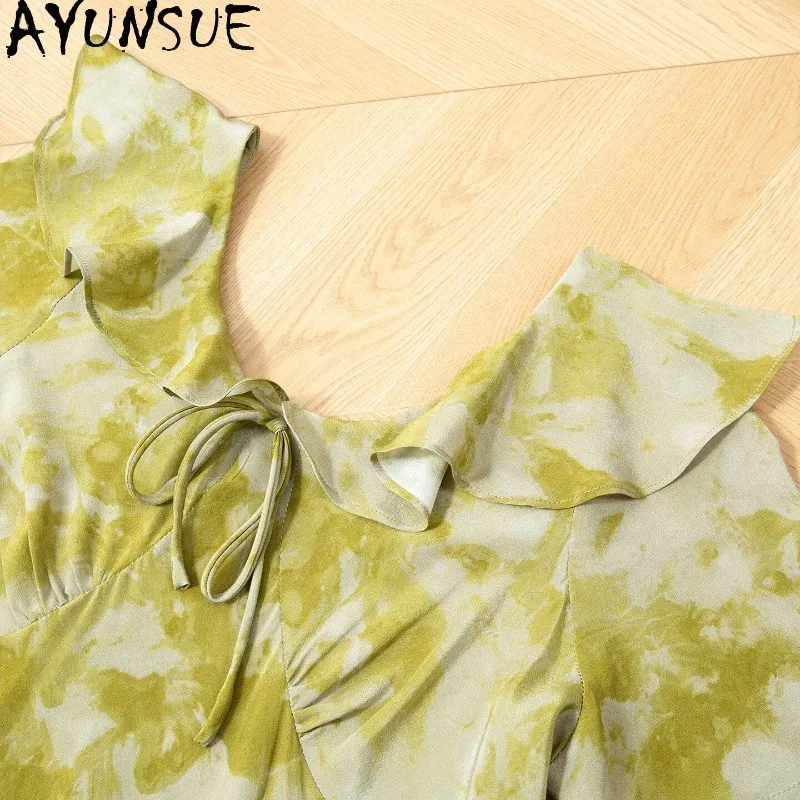 AYUNSUE 100% Silk Dresses for Women Vacation Style Long Dresses Lotus-leaf Collar Beach Dress 2026 Woman Clothes Платье Женское