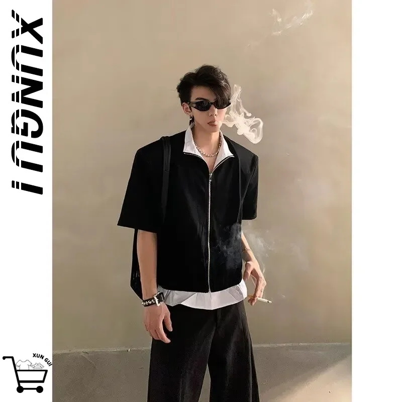 Men's Black Layered Look Zip-Up Polo Shirt Short Sleeve Oversized Casual Top