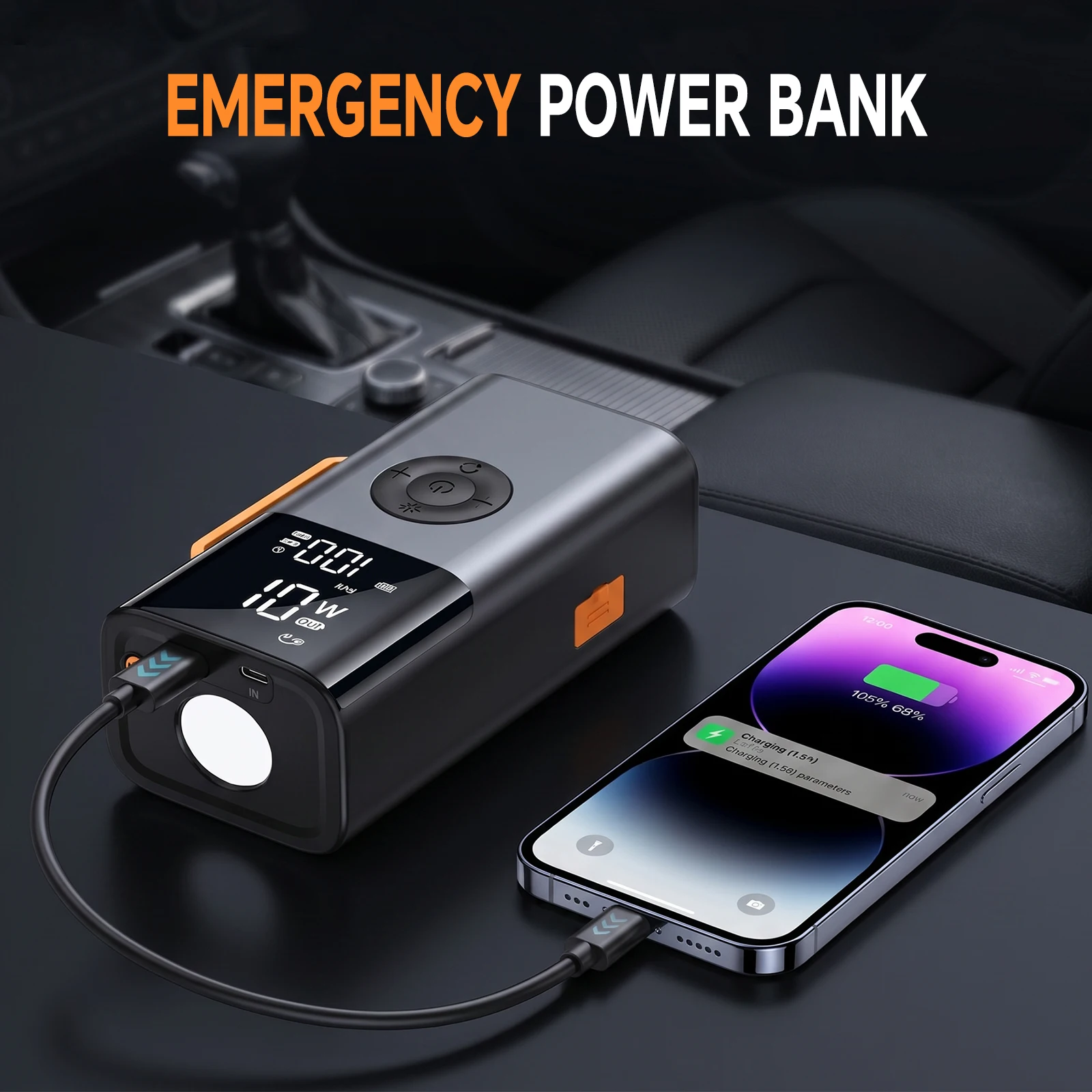 4-in-1 Car Jump Starter 1500A 10000mAh Jump Starter 12V Battery Booster Pack 150PSI Air Pump Multifunctional Tire Inflator