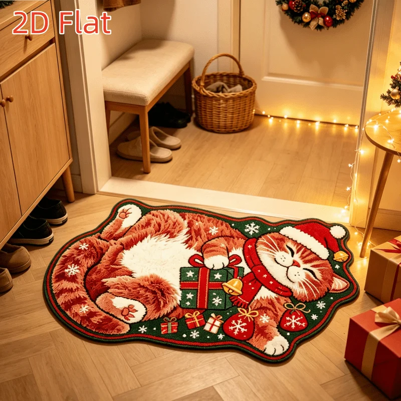 VIKAMA Cat with Santa Hat Rug Cute Ginger Kitten Sleeping Non Slip Washable Absorbent Entryway Bedroom Christmas Holiday Decor