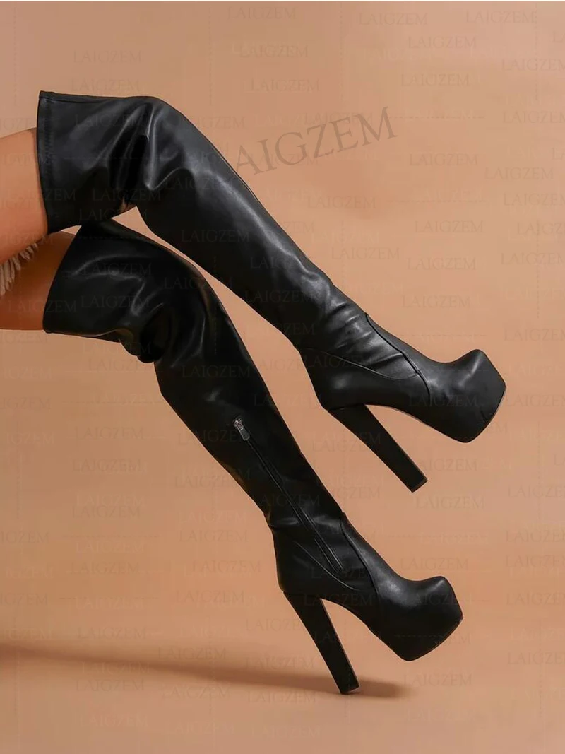 BERZIMER Women Over Knee High Platform Boots Side Zip Thick High Heels Tall Boots Faux Leather Shoes Woman Large Size 35 40 43