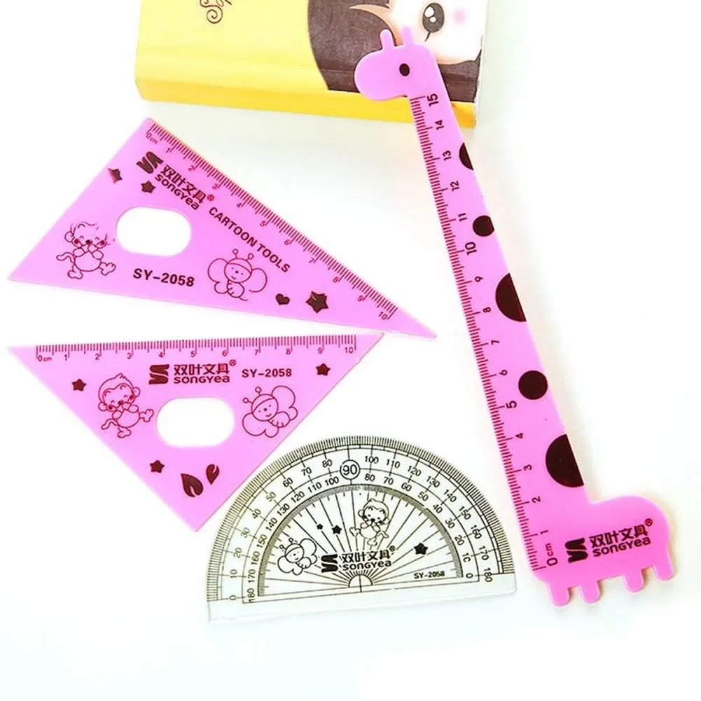 4pcs Student Ruler 1 Set Cute Cartoon Giraffe Animal Students' Ruler Meter Triangle Ruler
