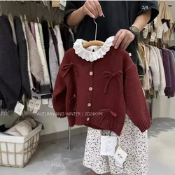 Children's Clothing Girls' Knitted Cardigan Autumn Baby Girl Retro Sweet Three-dimensional Bow Solid Color Comfortable Sweater