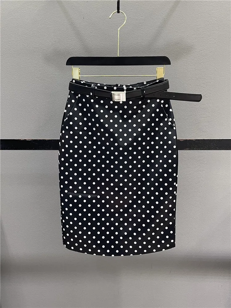 Elegant Black Polka Dot Satin  Skirt Women's Spring 2026 Slimming High Slit Straight Cut Bodycon mid Length Casual Skirt