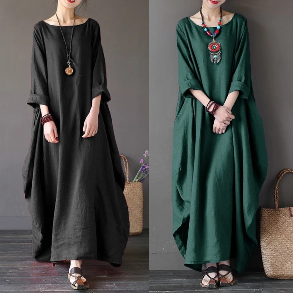 Korean Fashion Female Cotton Linen Robe Long Dresses Women Elegant Long Sleeve O Neck Maxi Kaftan Dress Casual Vintage Vestidos