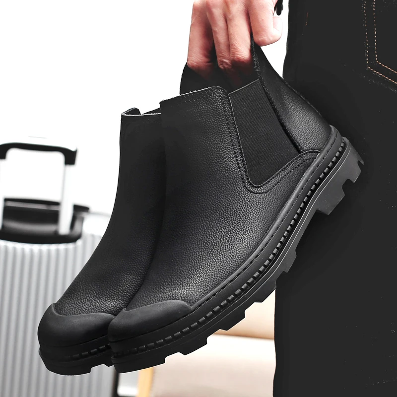 

Autumn Winter Black Chelsea Boots Men Retro Street Fashion Casual Warm High-end Short Boots