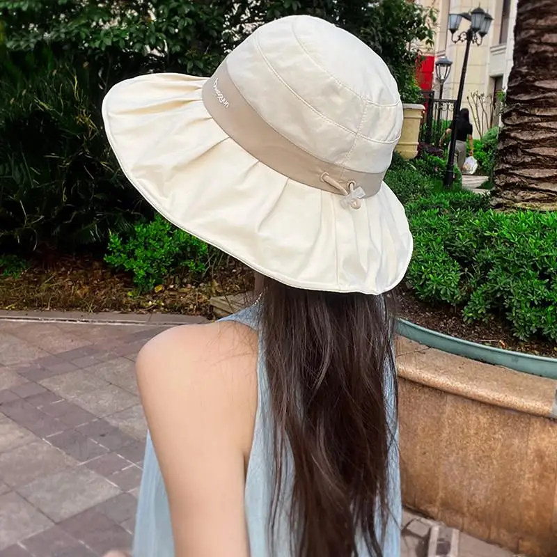 女性用フィッシャーマンハット-夏用日焼け止め-大きなつば-薄型スタイル-顔痩せ効果-アウトドアシェードキャップ-ポリエステル繊維-ラウンドトップ