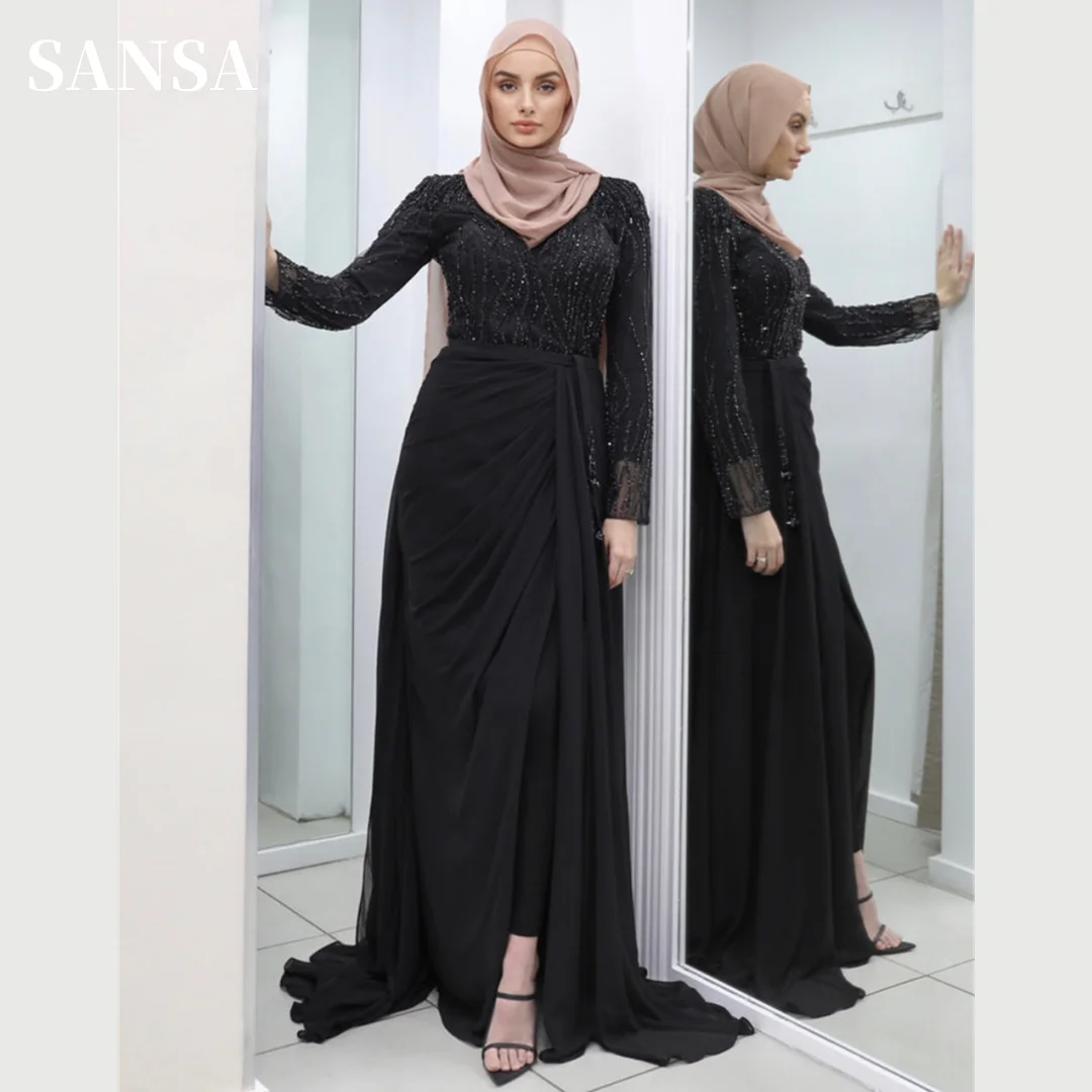 

Sansa Gliiter Long Sleeve فساتين سهره فاخره 2023 Shiny Black Chiffon A-line فساتين السهرة Luxury Sequins High Neck Prom Dresses