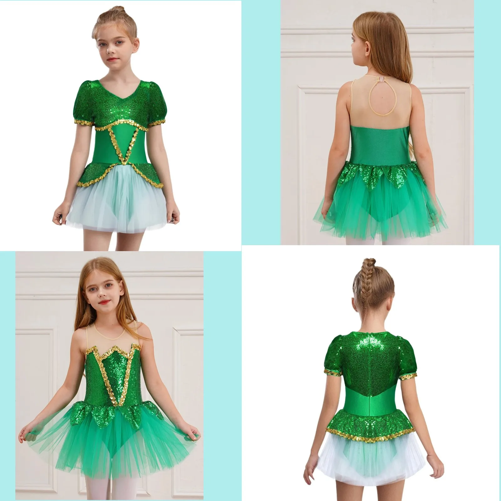 

Girls Green Sequins Halloween Elf Mesh Tutu Ballet Dance Dress Gymnastics Leotard Figure Skating Dance Performance Costumes