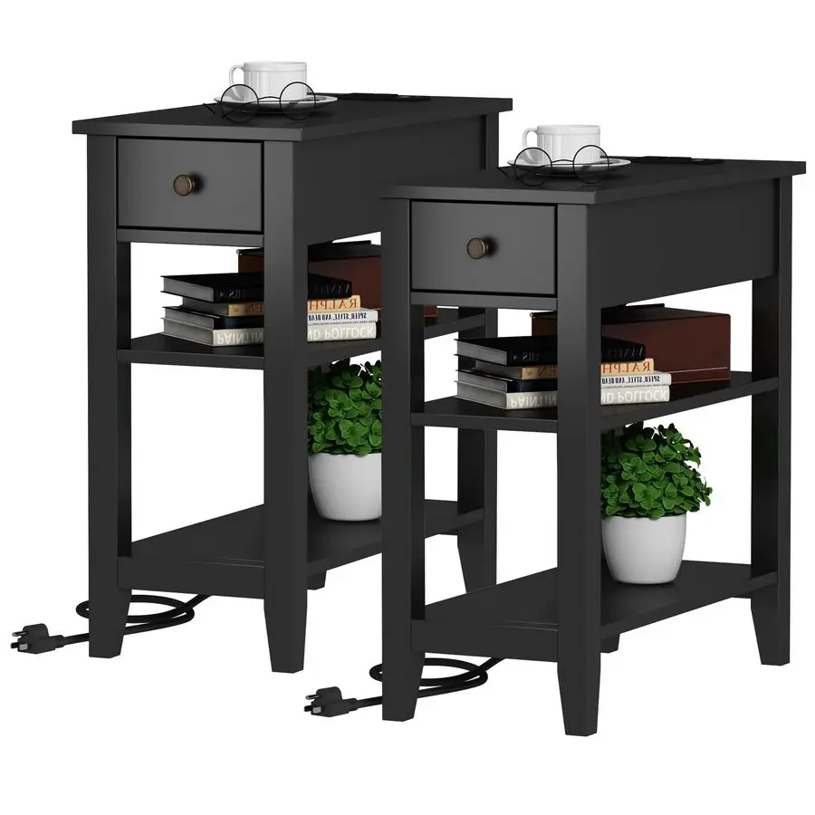 

Black End Table Set of 2, Sofa Side Table Living Room with Charging Station,Narrow Night Stand with USB Ports amp Power Outlets