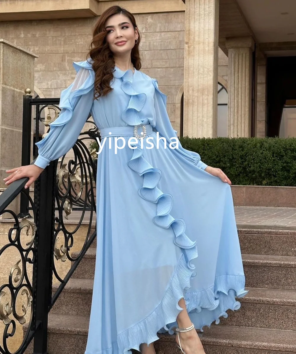 Casual Chiffon Pleat Sash A-line V-neck Midi Dresses Homecoming  Classic Exquisite Modern Style Pastrol High Quality