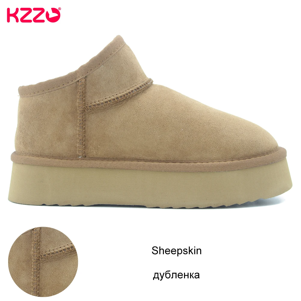 KZZO Women's Winter Snow Boots Sheepskin Leather Platform Mini Boots Natural Sheep Fur Lined Casual Thick Sole Ankle Warm Shoes