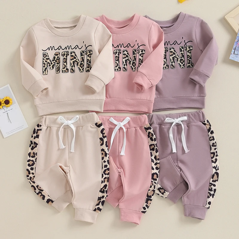 

SUNSIOM Toddler Girl Spring Fall Clothes Letter/ Leopard Print Long Sleeve Pullover Tops Pocket Pants 2 Pcs Casual Outfit