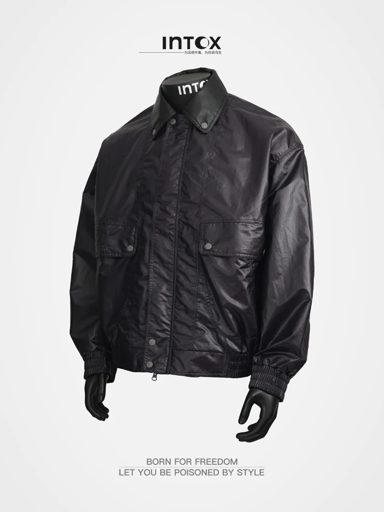 

High Quali Lightweight Contrast Color Collar Men's Leather Jaet ort Loose Fit Windproof Casual Sle Zipper Closure