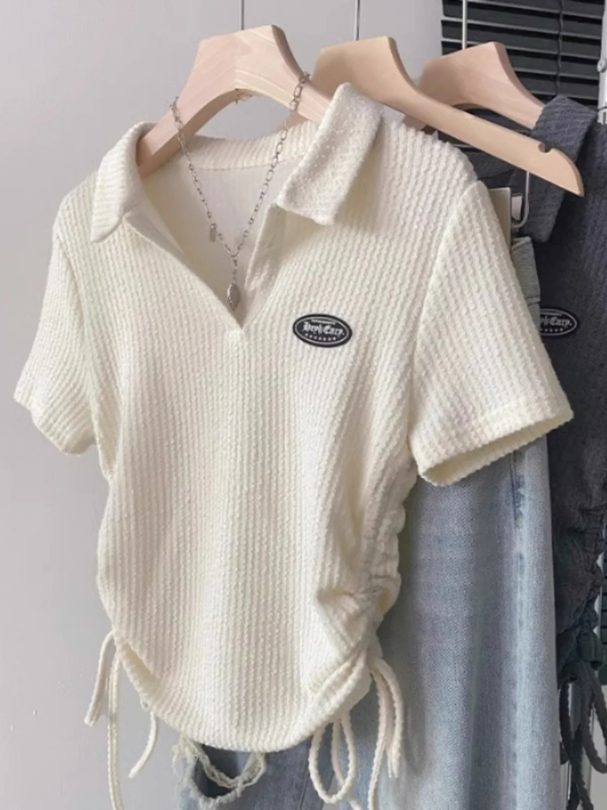 American Style  Collar Short Sleeve T-Shirt Women Summer New Drawstring Pleated Texture Sensation Belted Short Top