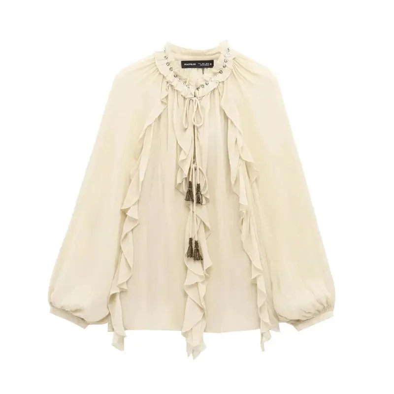 

Bonny Spring 2025 New traf Women's Fashion Translucent fabric beaded rivets decorated V-neck lace ruffled romantic shirt