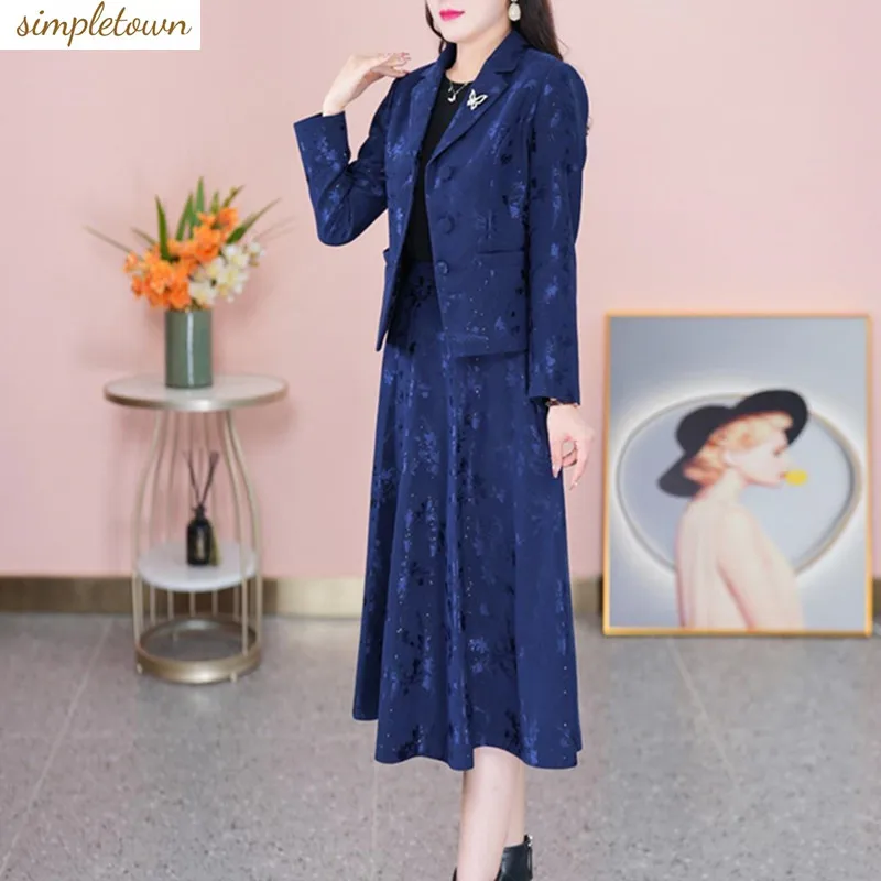 Spring and Autumn Blue Fashion Set High End Design Reduced Age Commuter Coat Top Temperament Half Skirt Two Piece Set