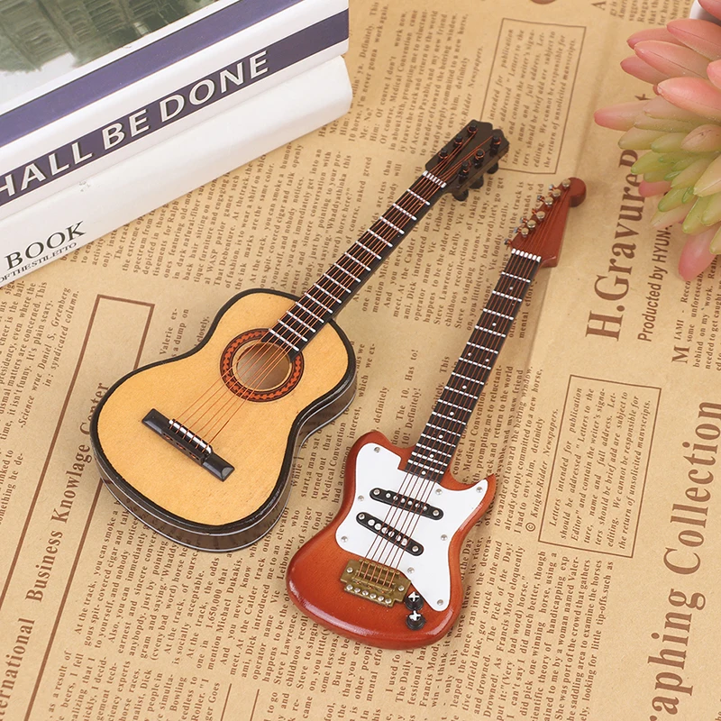 Guitarra eléctrica de madera en miniatura para casa de muñecas, instrumento de juguete con soporte, regalo para niños, 1/6