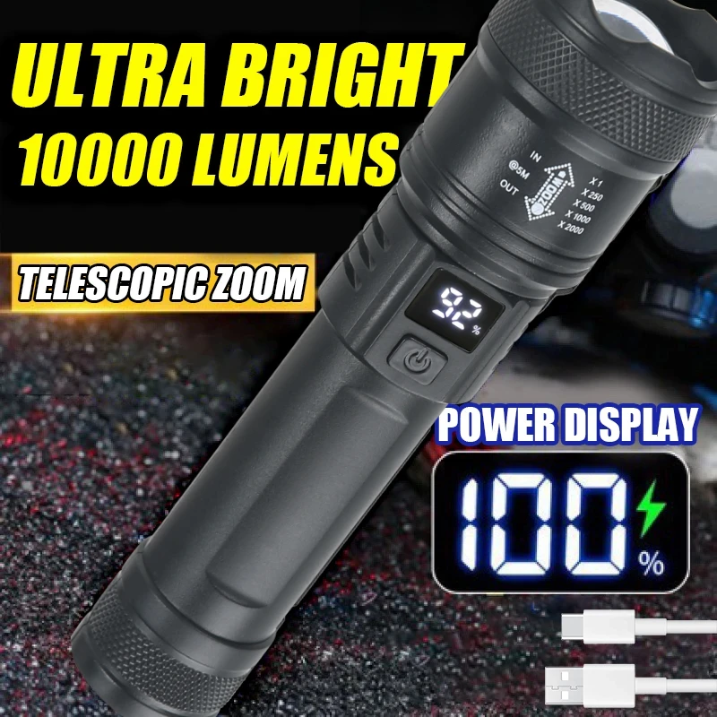 High Power Self Defense LED Flashlights USB Rechargeable Strong Hand Light Multifunctional Torch Lamp For Emergency Camping