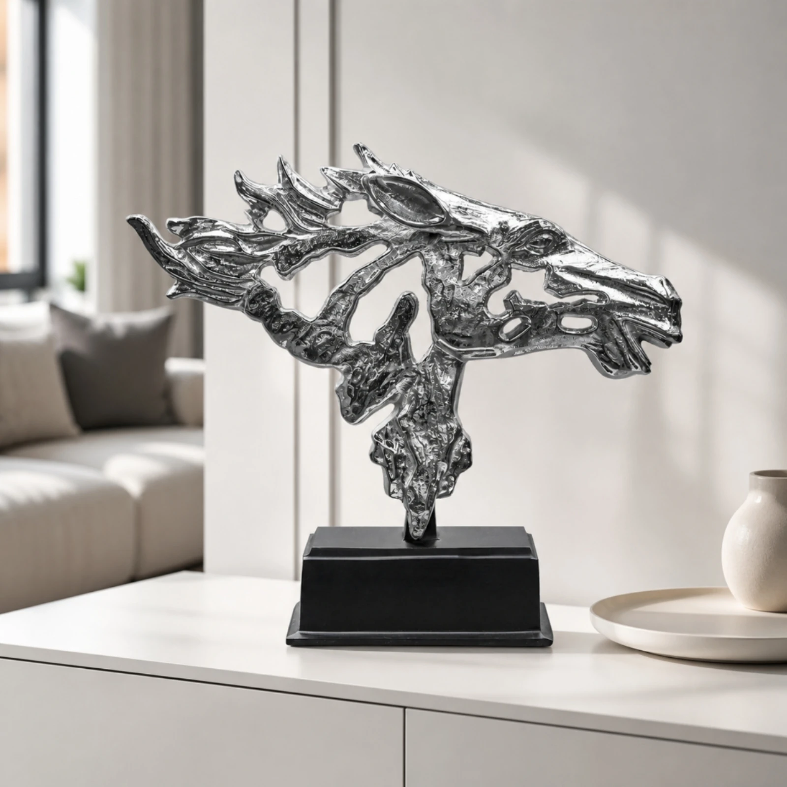 Horse-Head Sculpture Textured Horse Head Statue with Base Elegant Sturdy for Living Room, Office