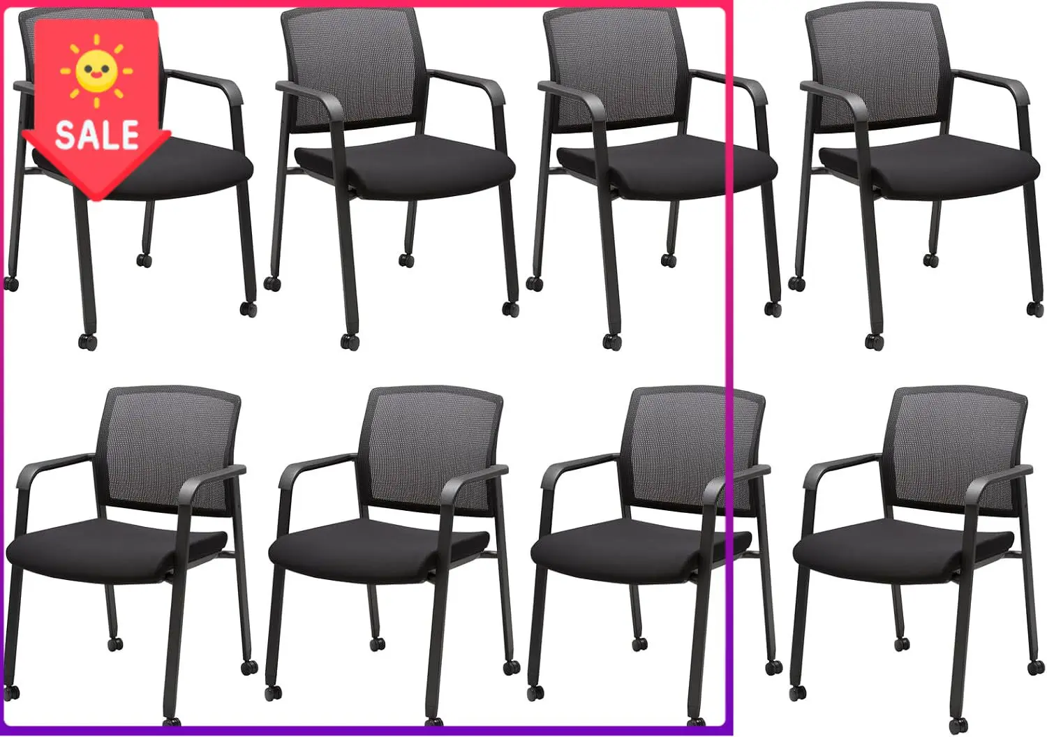 Rolling Conference Room Chairs Set of 8, Stackable Office Guest Reception Chair with Armrests and Wheels, Mesh Back Waiting Room