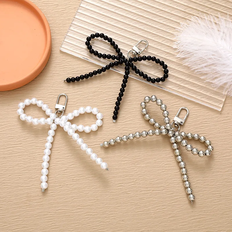 Lovely Heart Pearl Beaded Bowknot Pendant Phone Case Keychain Women and Girls Backpack Key Decoration Ornaments Gifts