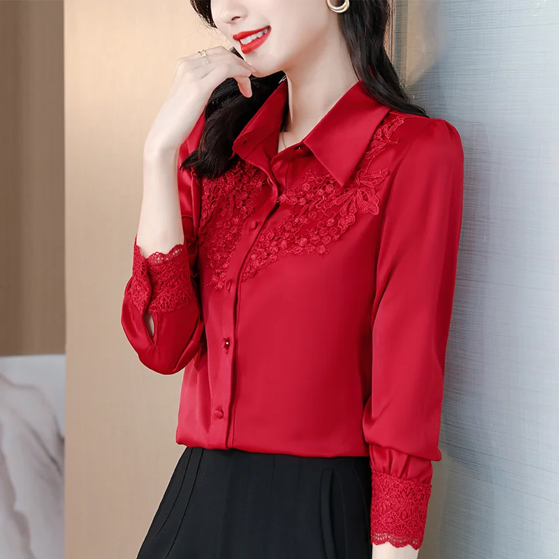 #2550 Red Blue Beige Satin Shirt Women Embroidery Flower Office Shirt Long Sleeve Elegant Vintage Woman Shirts Polo Neck Spring