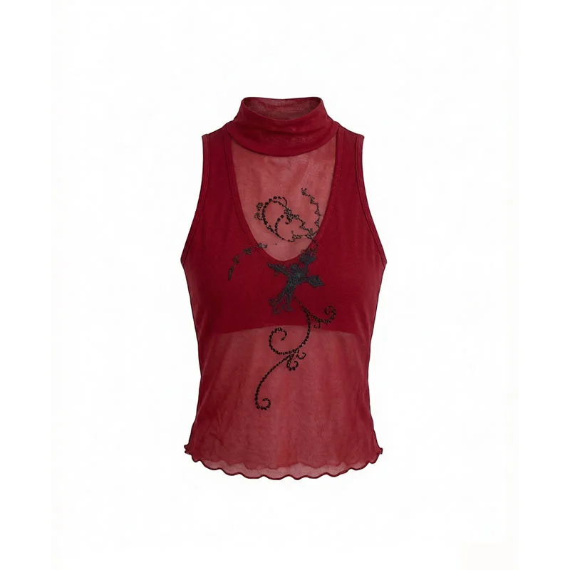 American Style Spicy Girl Light Semi High Collar Printed Rhinestone Mesh Top Jazz Women's Casual Fashion Polyester Fiber