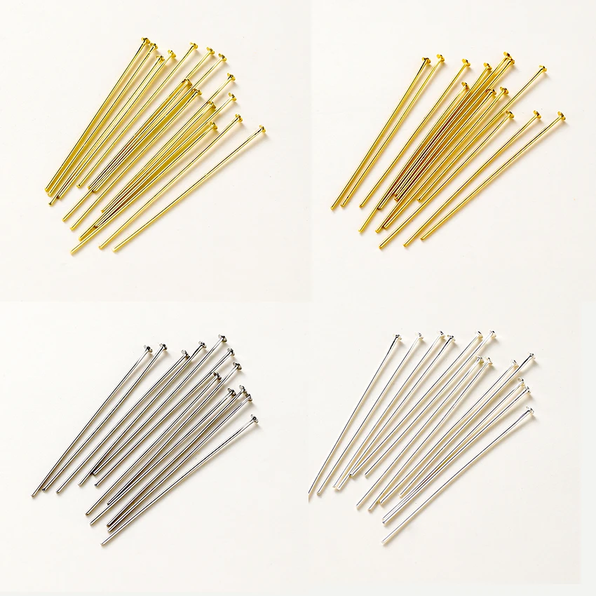 100Pcs 16-50mm 14/18K Real Gold Brass Eye Flat Head Pins Needle Ball Head Pins Pendant Connectors For Jewelry Making Findings