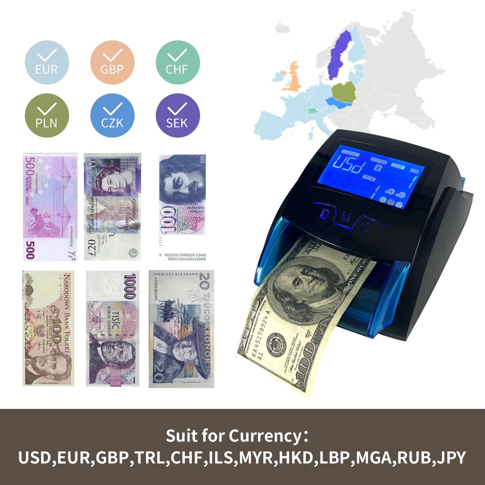 Imagem -03 - Mini Handy Banknote Detectando Machine Notas de Dinheiro Falso Money Bill Detector para Usd Eur Dinheiro Dinero Detector com Bateria uv mg