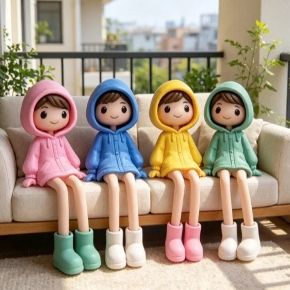 4Pcs PVC Raincoat Doll Figurine Set Long Legged Rain Boots Sitting Girl Mini Figurine DIY Craft Colorful