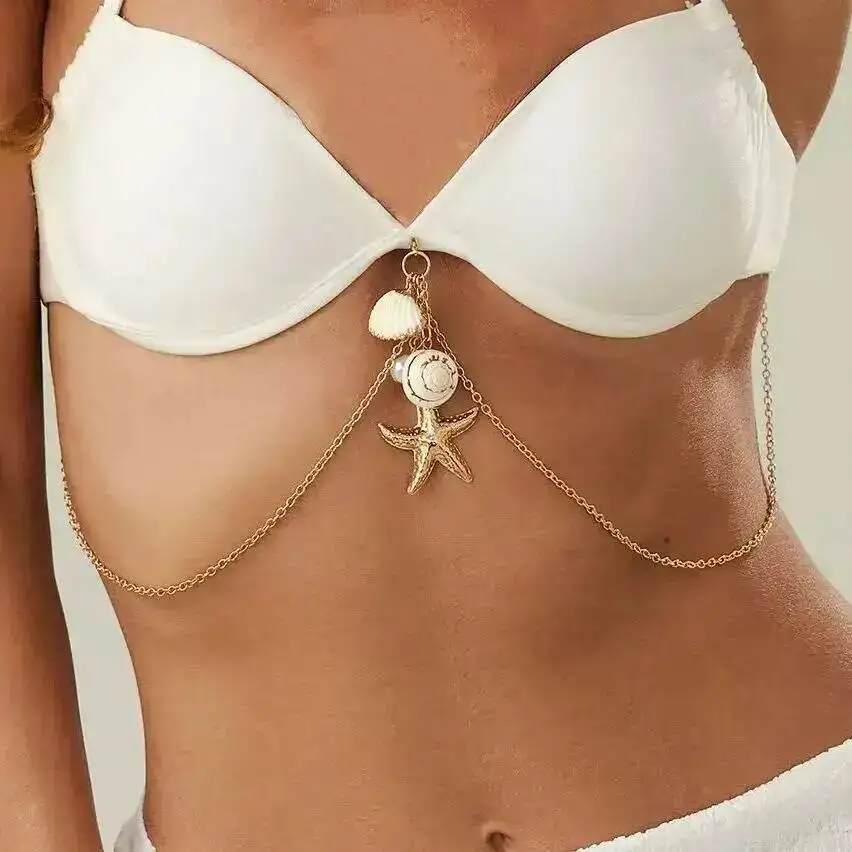 

KunJoe Sexy Starfish Scallop Conch Pendant Belly Waist Chain for Women Bohemia Summer Beach Chest Chain Bikini Body Jewelry Gift