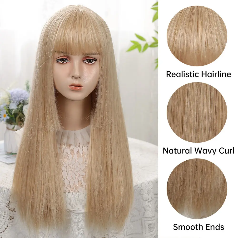 Wig Cosplay Halloween wanita pirang rambut tahan panas dengan poni panjang lurus