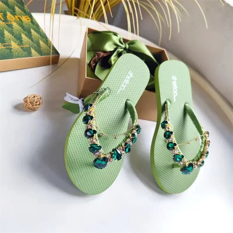 Women\'s Slippers 2024 Summer Comfortable Beach Non-slip Soft Bottom Casual Flip Flops Female Rhinestone Chain Shoes for Women