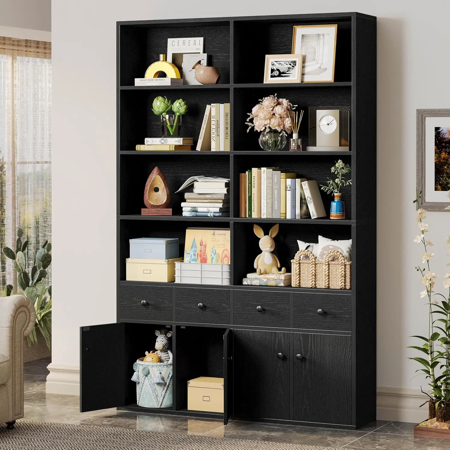 4 Drawers and 4 Doors, 6 Tier Large Bookshelf with Storage, Floor Standing Display Storage Shelves, Tall Storage Cabinet