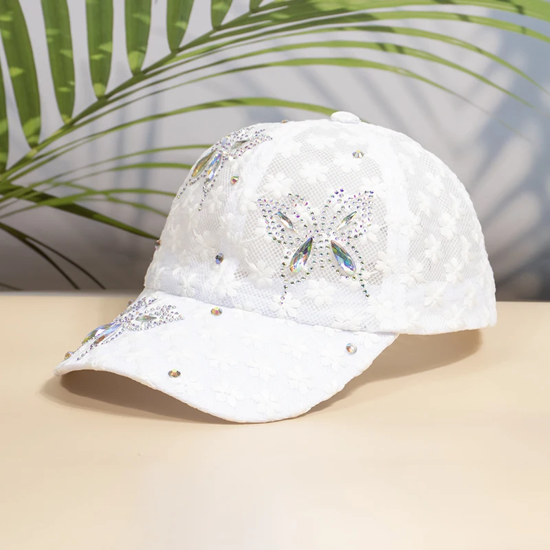 Fashion Women Spring Summer Baseball Caps Breathable Rhinestone Butterfly Hats Lace Hollow Caps