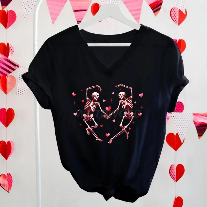 Valentine's Day Dancing Skeletons TShirt Funny Gift for Her Together for Eternity Classic Tops Skull Valentines V-neck T-shirts